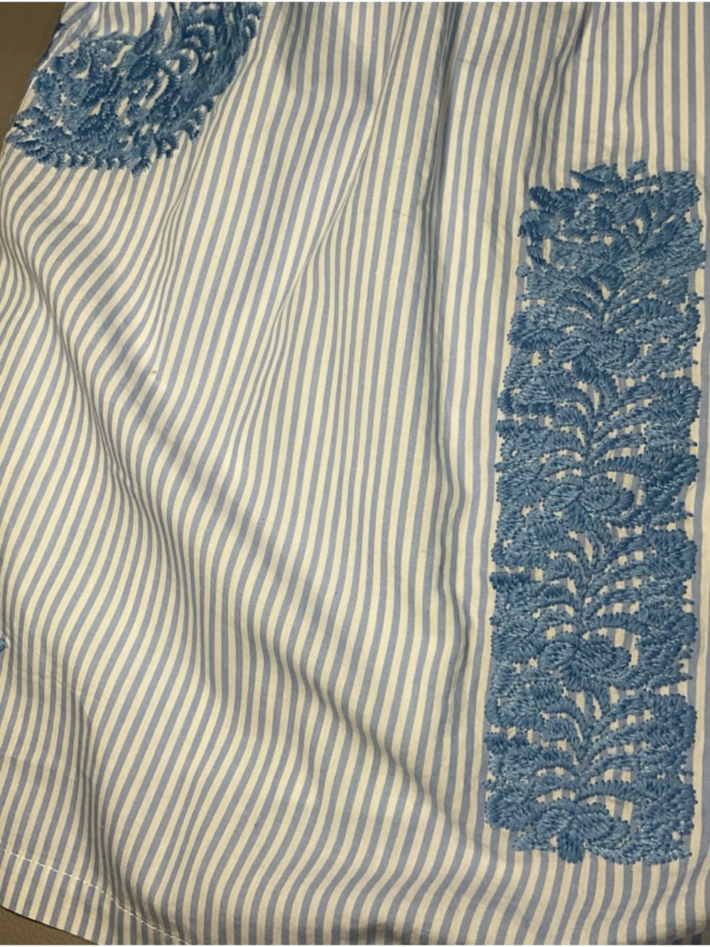 Light Blue Striped Ruffle Sleeve Blouse with Crochet Trim - Picture 4 of 7
